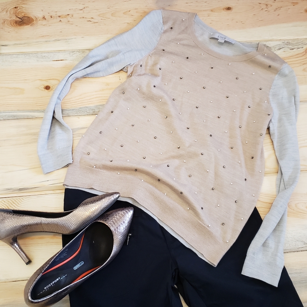 LOFT grey and beige embellished sweater